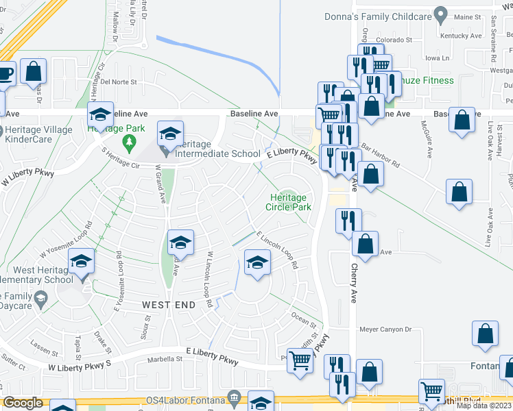 map of restaurants, bars, coffee shops, grocery stores, and more near 14223 Lauramore Court in Fontana