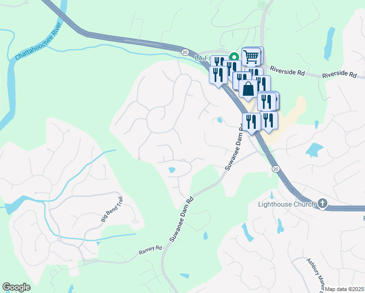 map of restaurants, bars, coffee shops, grocery stores, and more near 560 Pine Rock Trail in Sugar Hill