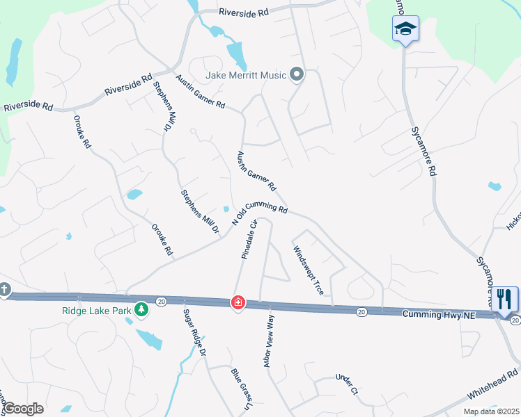 map of restaurants, bars, coffee shops, grocery stores, and more near 889 North Old Cumming Road in Sugar Hill