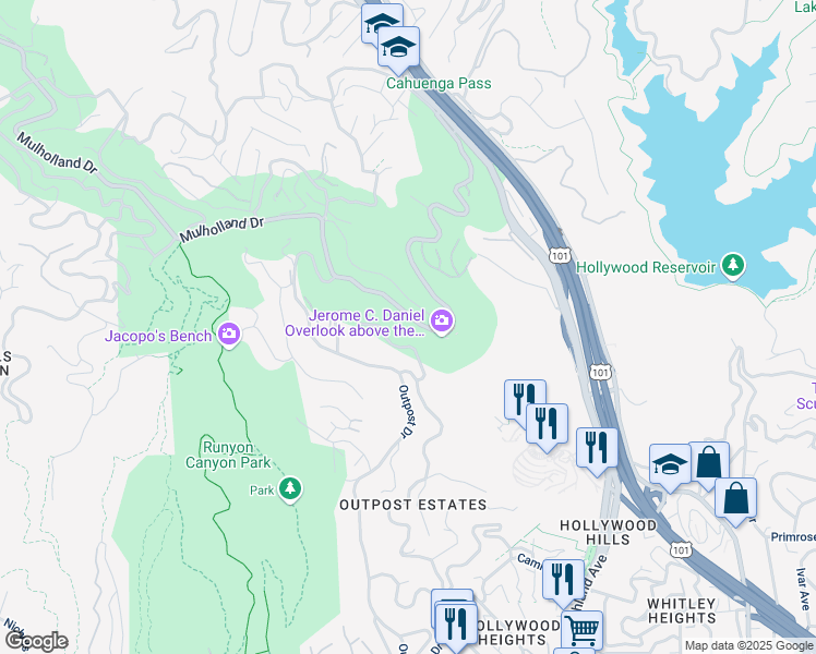 map of restaurants, bars, coffee shops, grocery stores, and more near 7080 Mulholland Drive in Los Angeles