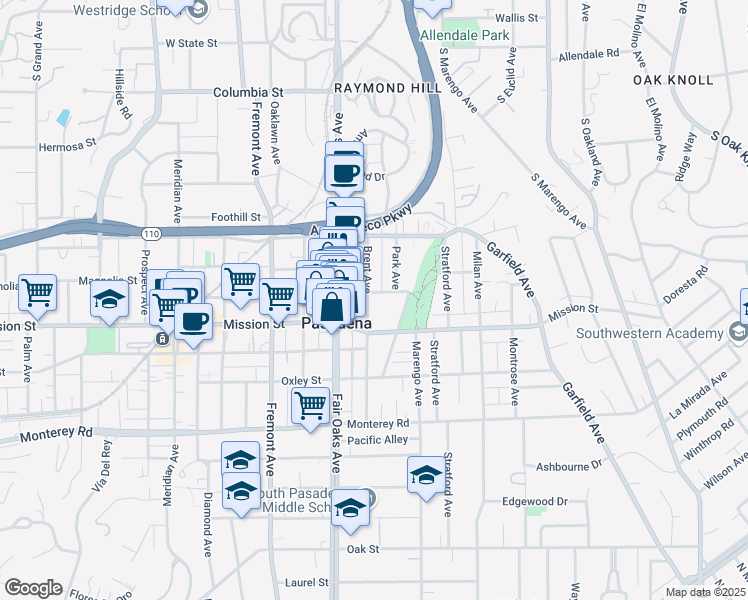 map of restaurants, bars, coffee shops, grocery stores, and more near 1705 Hope Street in South Pasadena