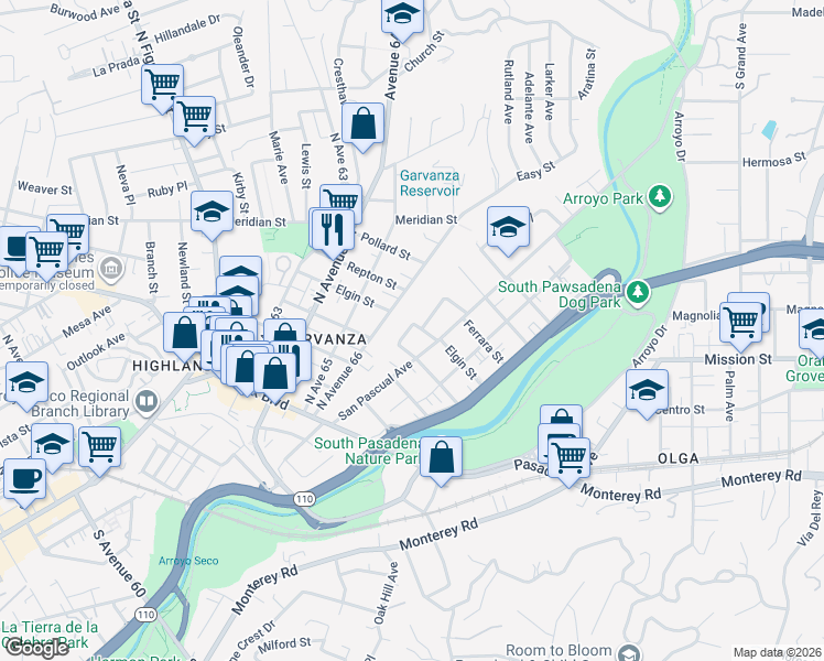 map of restaurants, bars, coffee shops, grocery stores, and more near 6639 Crescent Street in Los Angeles