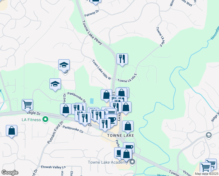 map of restaurants, bars, coffee shops, grocery stores, and more near 123 West Point Trail in Woodstock