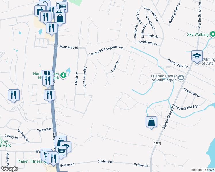 map of restaurants, bars, coffee shops, grocery stores, and more near 847 Ovates Lane in Wilmington