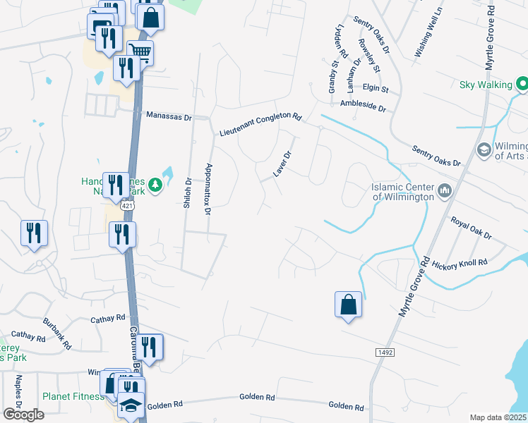 map of restaurants, bars, coffee shops, grocery stores, and more near 847 Ovates Lane in Wilmington