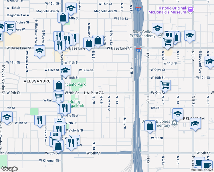 map of restaurants, bars, coffee shops, grocery stores, and more near 1041 West Temple Street in San Bernardino
