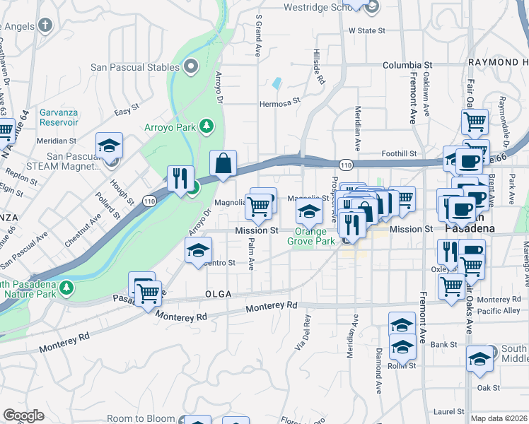 map of restaurants, bars, coffee shops, grocery stores, and more near 716 Grand Avenue in South Pasadena