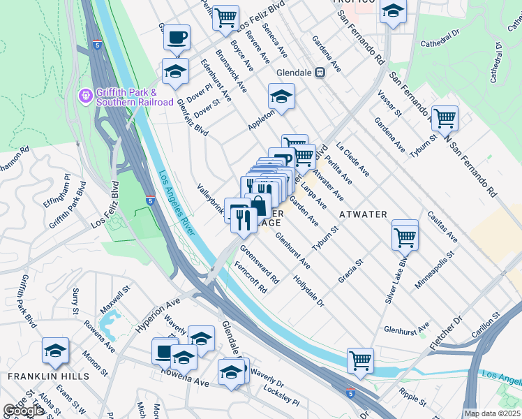 map of restaurants, bars, coffee shops, grocery stores, and more near in Los Angeles