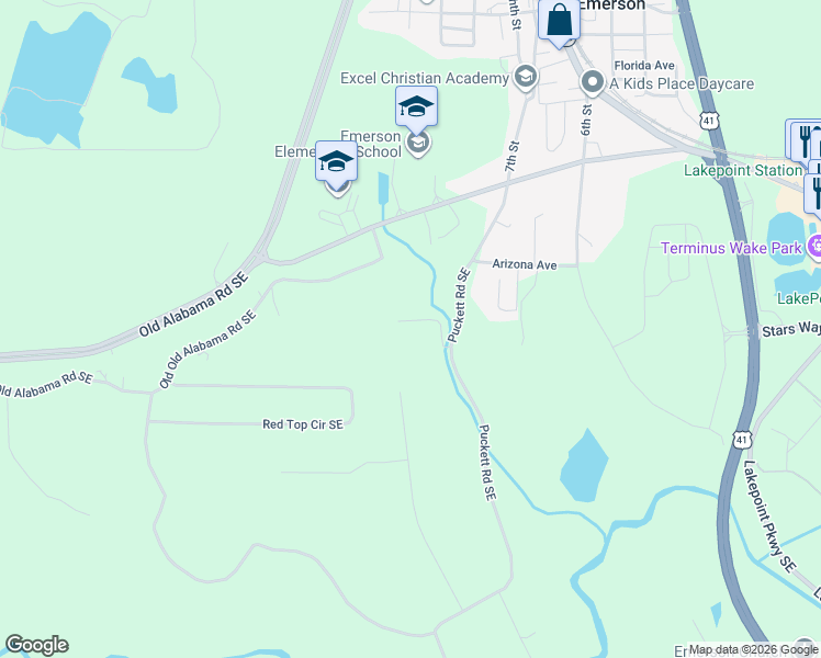 map of restaurants, bars, coffee shops, grocery stores, and more near 140 Puckett Road Southeast in Emerson