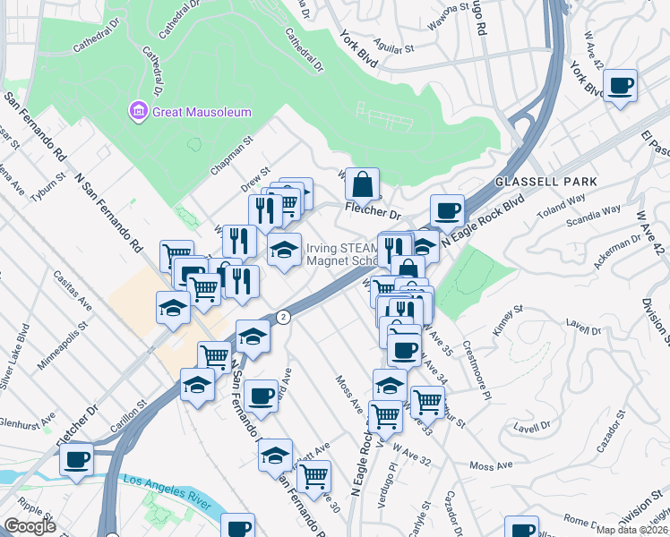 map of restaurants, bars, coffee shops, grocery stores, and more near 2943 Estara Avenue in Los Angeles