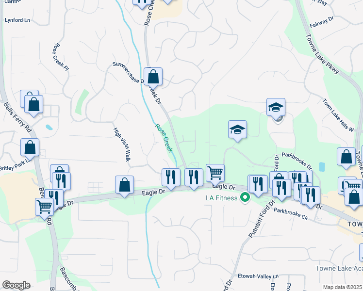 map of restaurants, bars, coffee shops, grocery stores, and more near 1002 Fernbank Drive in Woodstock