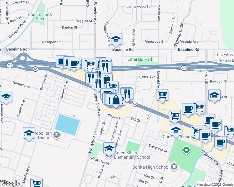 map of restaurants, bars, coffee shops, grocery stores, and more near 3803 Burton Place in La Verne