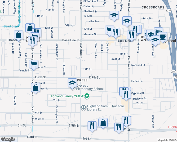 map of restaurants, bars, coffee shops, grocery stores, and more near 26965 10th Street in Highland