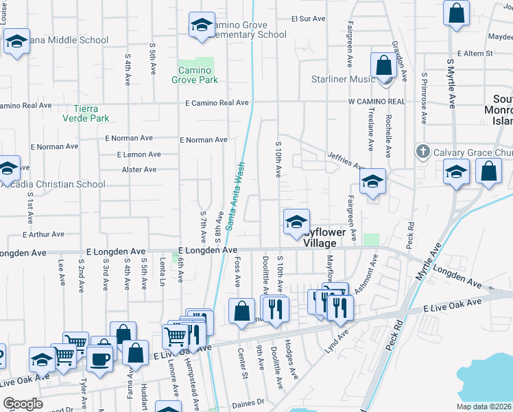 map of restaurants, bars, coffee shops, grocery stores, and more near 2647 Doolittle Avenue in Arcadia