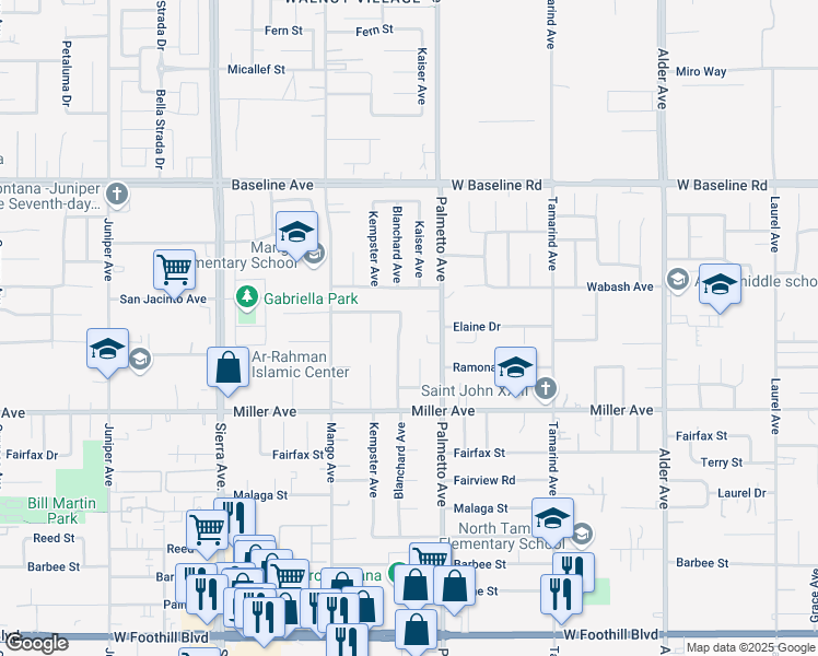 map of restaurants, bars, coffee shops, grocery stores, and more near 7590 Blanchard Avenue in Fontana