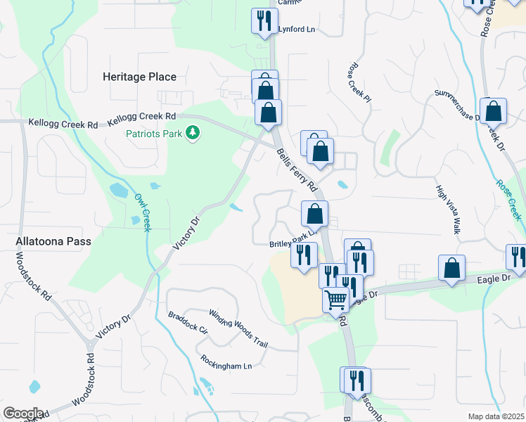 map of restaurants, bars, coffee shops, grocery stores, and more near 1134 Britley Park Lane in Woodstock