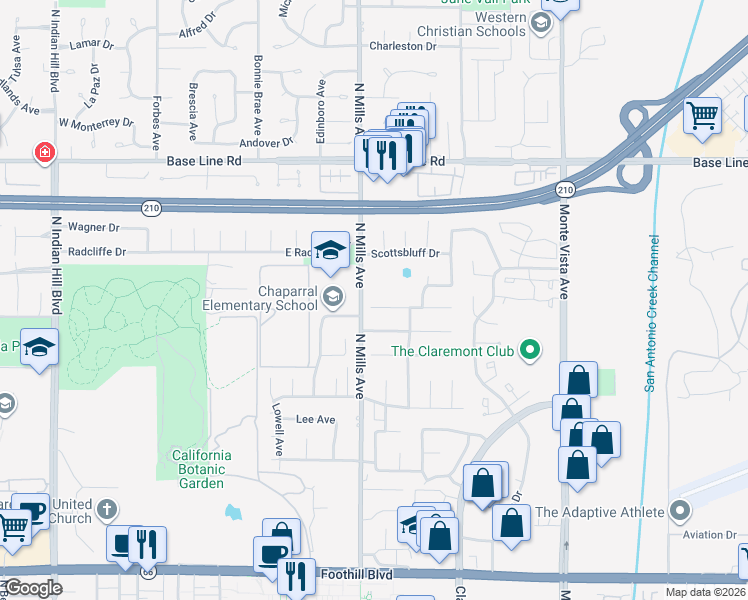 map of restaurants, bars, coffee shops, grocery stores, and more near 523 Clarion Place in Claremont