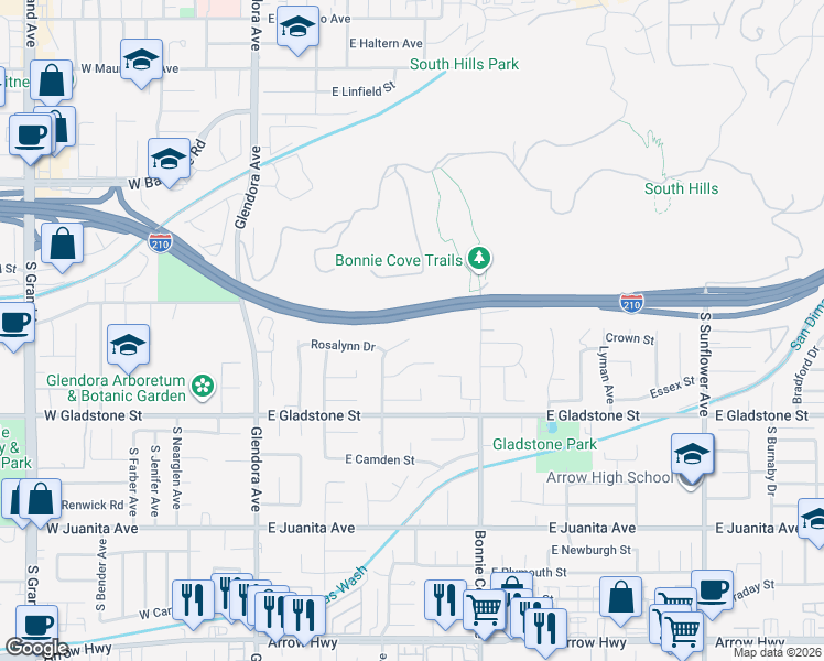 map of restaurants, bars, coffee shops, grocery stores, and more near 1219 South Concord Lane in Glendora
