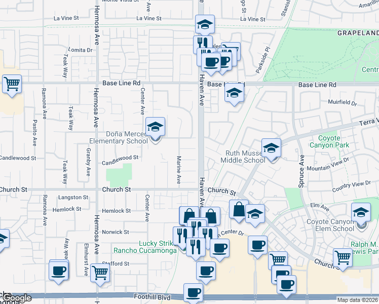 map of restaurants, bars, coffee shops, grocery stores, and more near 10431 Candlewood Street in Rancho Cucamonga