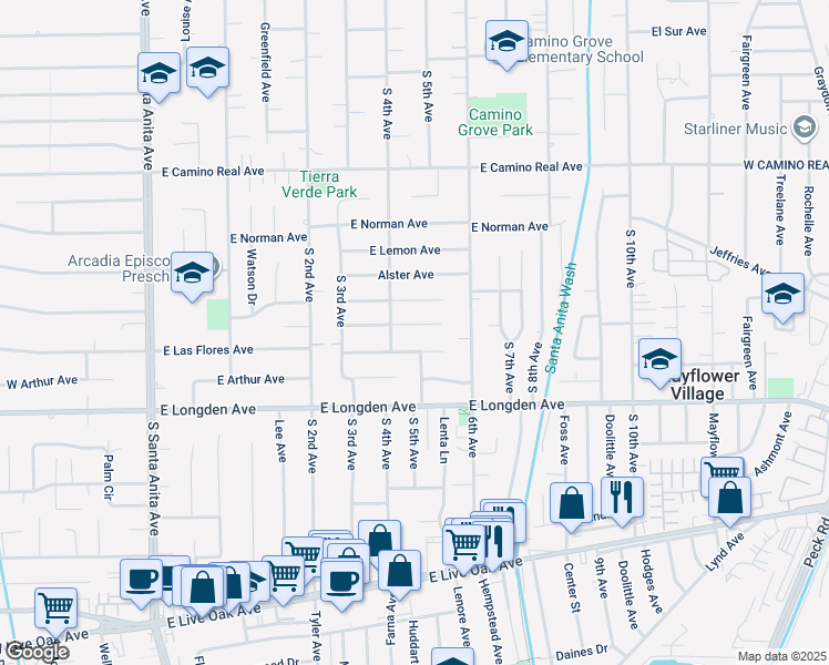 map of restaurants, bars, coffee shops, grocery stores, and more near 418 Danimere Avenue in Arcadia