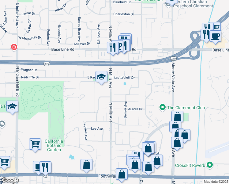 map of restaurants, bars, coffee shops, grocery stores, and more near 523 Clarion Place in Claremont