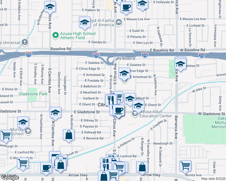 map of restaurants, bars, coffee shops, grocery stores, and more near 5708 North Viceroy Avenue in Azusa