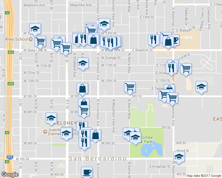map of restaurants, bars, coffee shops, grocery stores, and more near 950 North Mountain View Avenue in San Bernardino