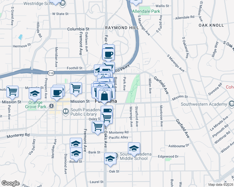 map of restaurants, bars, coffee shops, grocery stores, and more near 1705 Hope Street in South Pasadena