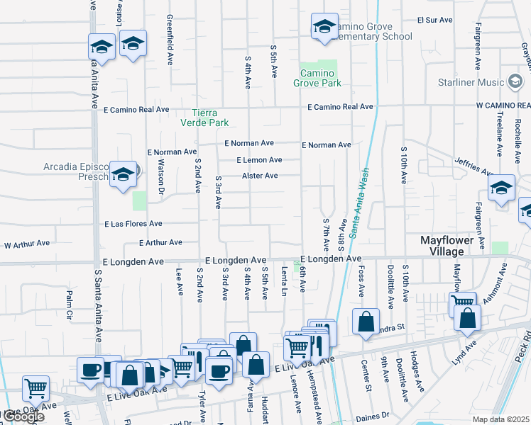 map of restaurants, bars, coffee shops, grocery stores, and more near 418 Danimere Avenue in Arcadia