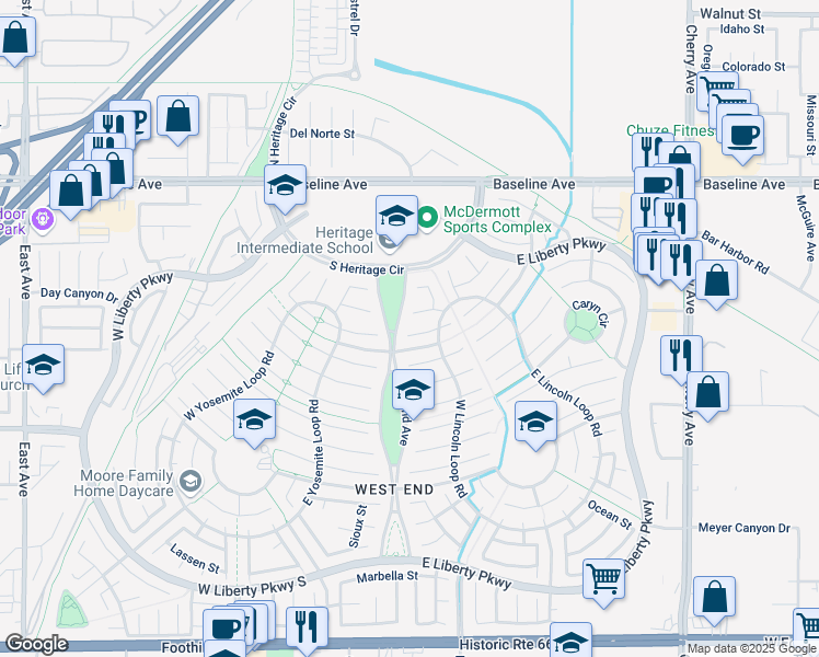 map of restaurants, bars, coffee shops, grocery stores, and more near 14011 Princeton Court in Fontana