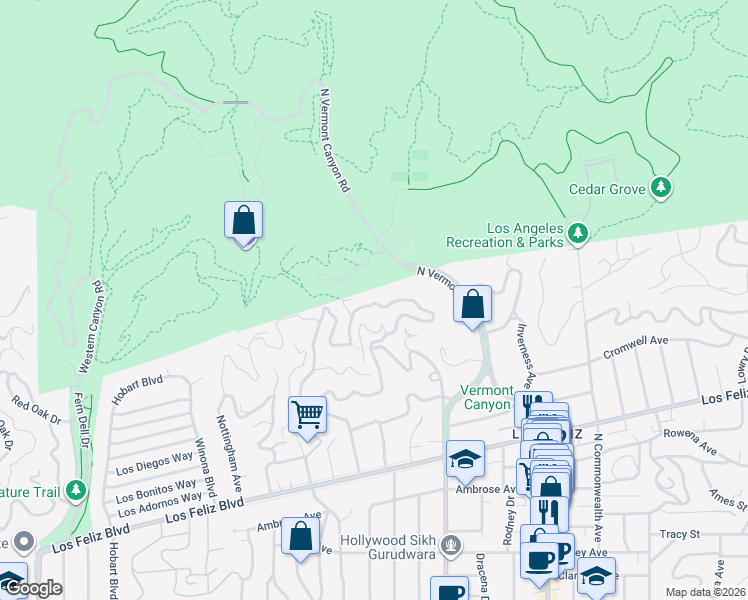 map of restaurants, bars, coffee shops, grocery stores, and more near 2704 Glendower Avenue in Los Angeles