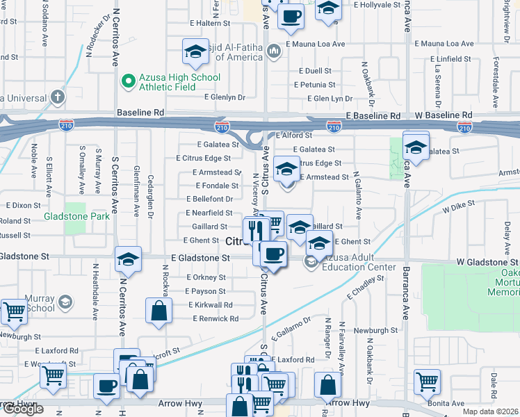 map of restaurants, bars, coffee shops, grocery stores, and more near 5708 North Viceroy Avenue in Azusa
