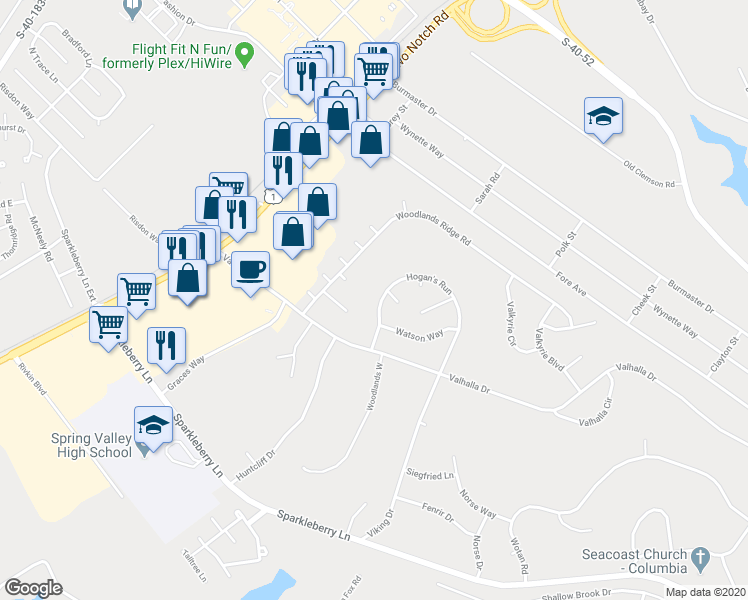 map of restaurants, bars, coffee shops, grocery stores, and more near 506 Hogan's Run in Columbia