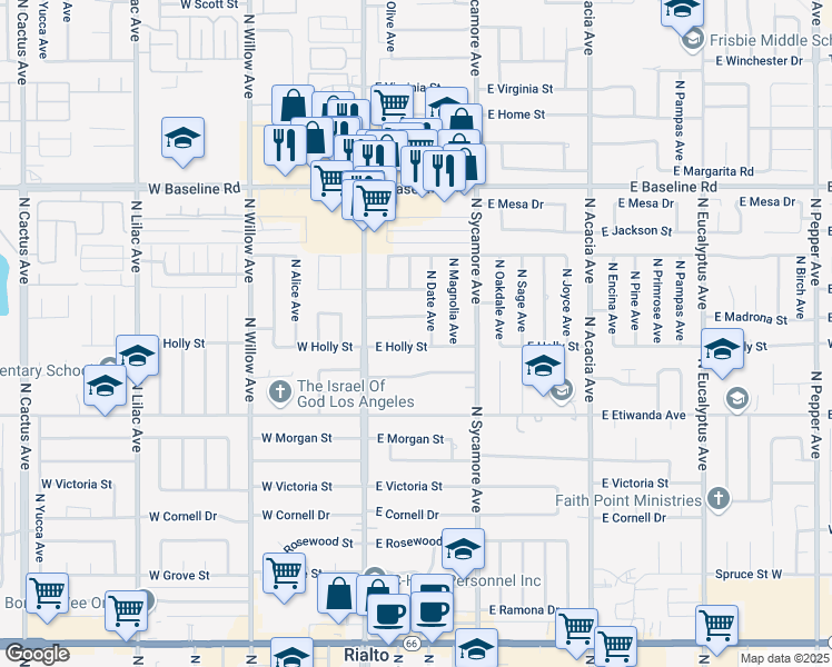 map of restaurants, bars, coffee shops, grocery stores, and more near 153 East Holly Street in Rialto