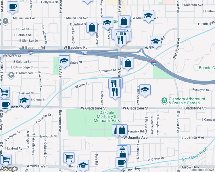 map of restaurants, bars, coffee shops, grocery stores, and more near 1223 Charvers Avenue in Glendora