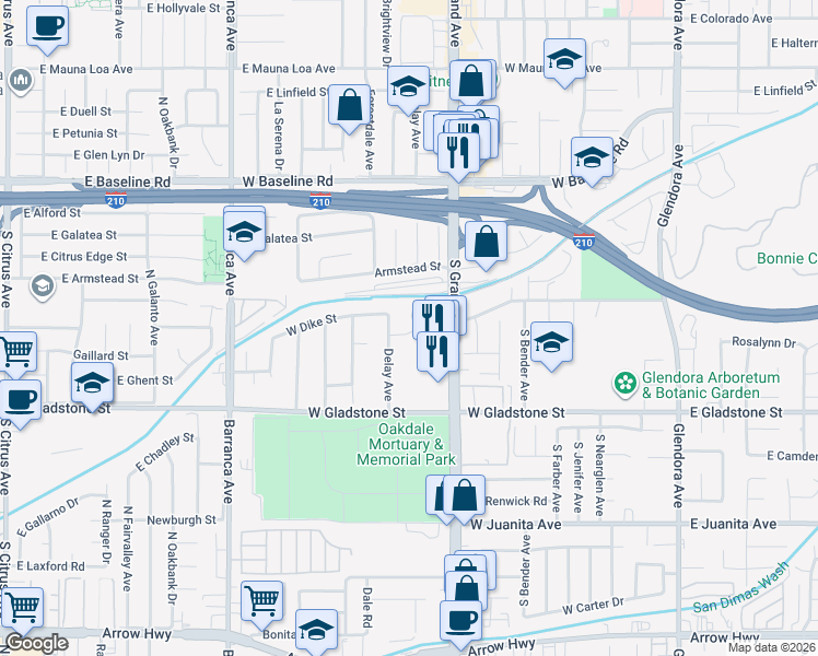 map of restaurants, bars, coffee shops, grocery stores, and more near 1223 Charvers Avenue in Glendora