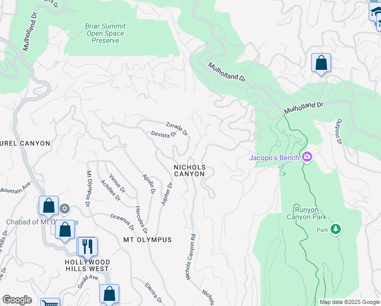 map of restaurants, bars, coffee shops, grocery stores, and more near 2500 Zorada Drive in Los Angeles