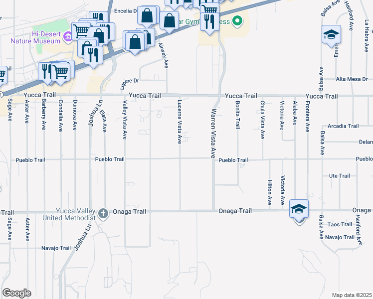 map of restaurants, bars, coffee shops, grocery stores, and more near 7457 Lucerne Vista Avenue in Yucca Valley