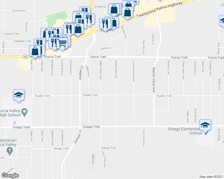 map of restaurants, bars, coffee shops, grocery stores, and more near 7444 Joshua View Drive in Yucca Valley