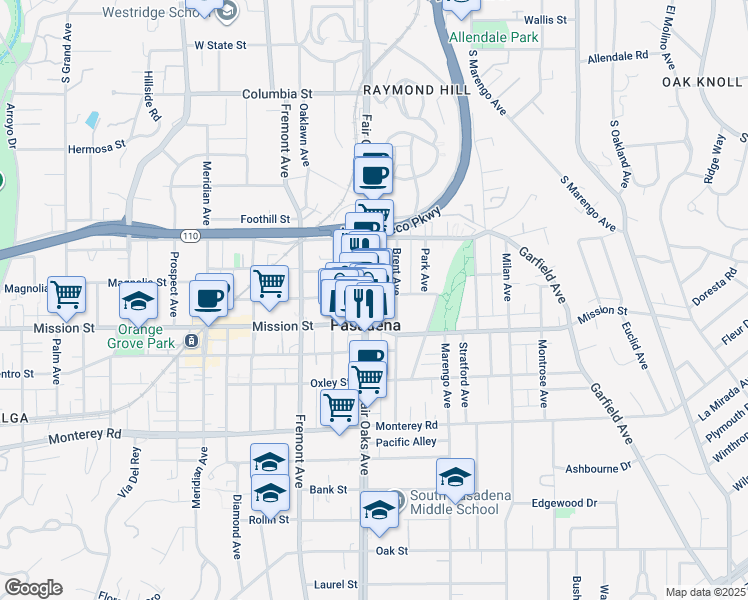 map of restaurants, bars, coffee shops, grocery stores, and more near in South Pasadena