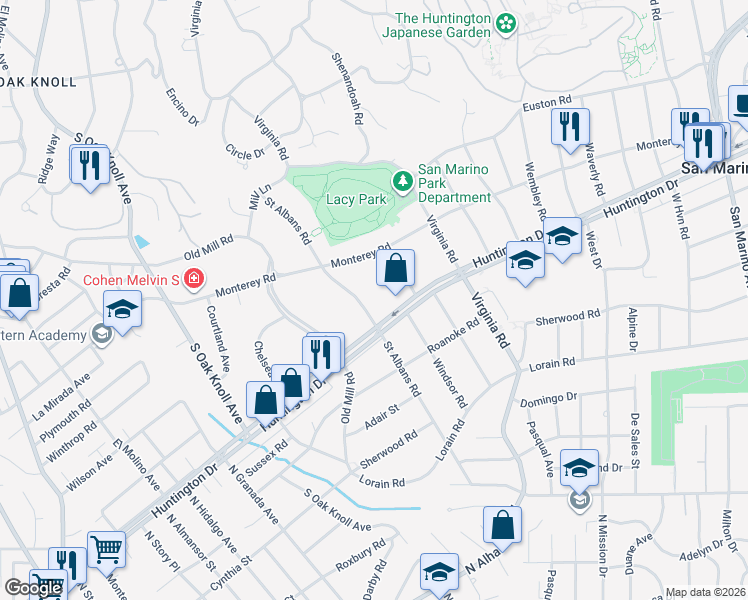 map of restaurants, bars, coffee shops, grocery stores, and more near 1480 Saint Albans Road in San Marino