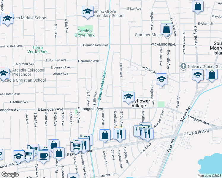 map of restaurants, bars, coffee shops, grocery stores, and more near 2647 Doolittle Avenue in Arcadia