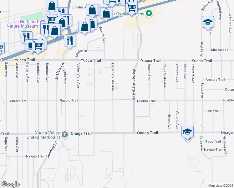 map of restaurants, bars, coffee shops, grocery stores, and more near 7457 Lucerne Vista Avenue in Yucca Valley