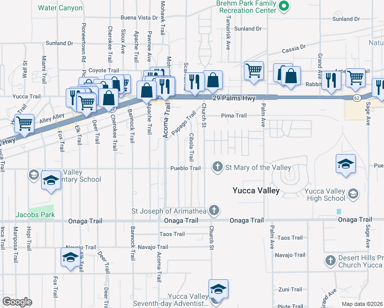 map of restaurants, bars, coffee shops, grocery stores, and more near 56240 Pueblo Trail in Yucca Valley