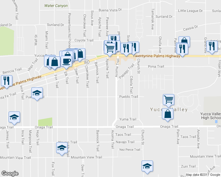 map of restaurants, bars, coffee shops, grocery stores, and more near 7493 Apache Trail in Yucca Valley