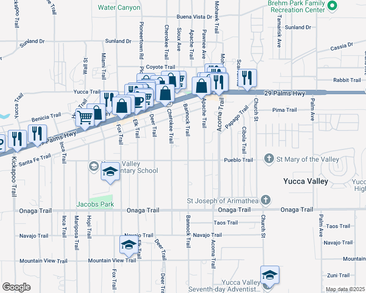 map of restaurants, bars, coffee shops, grocery stores, and more near 7491 Cherokee Trail in Yucca Valley