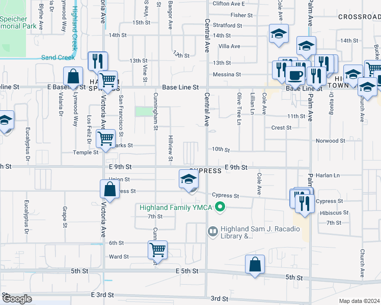 map of restaurants, bars, coffee shops, grocery stores, and more near 26838 9th Street in Highland