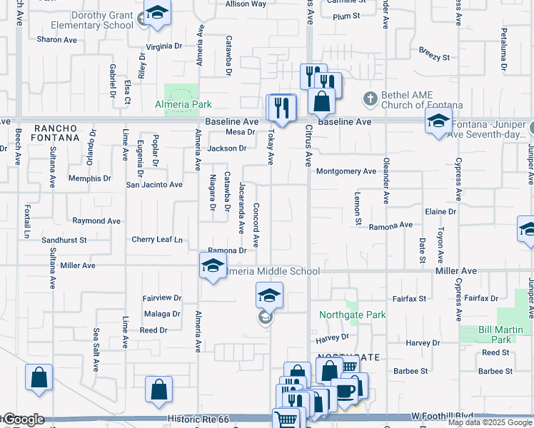 map of restaurants, bars, coffee shops, grocery stores, and more near 7600 Tokay Avenue in Fontana