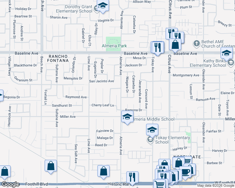 map of restaurants, bars, coffee shops, grocery stores, and more near 7585 Yellow Iris Court in Fontana