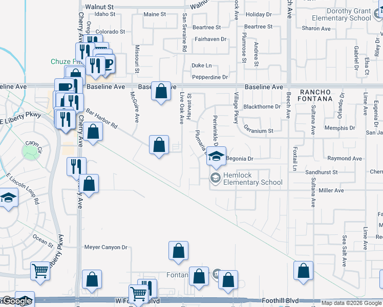 map of restaurants, bars, coffee shops, grocery stores, and more near 7581 Honeysuckle Street in Fontana